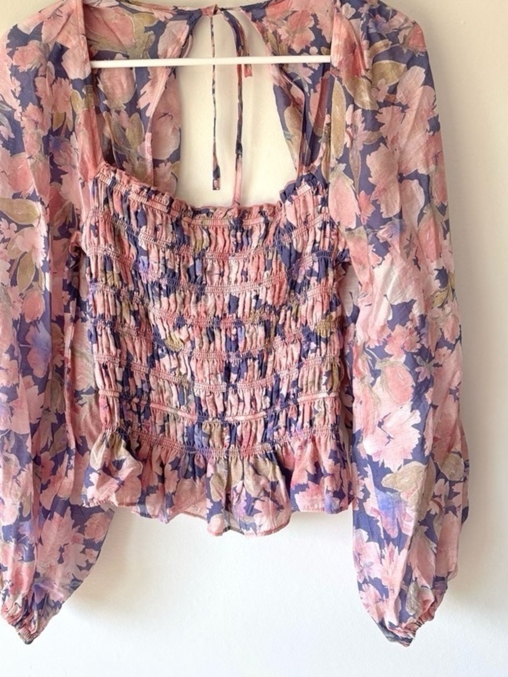 Smocked Floral Peasant Top - Pink & Blue